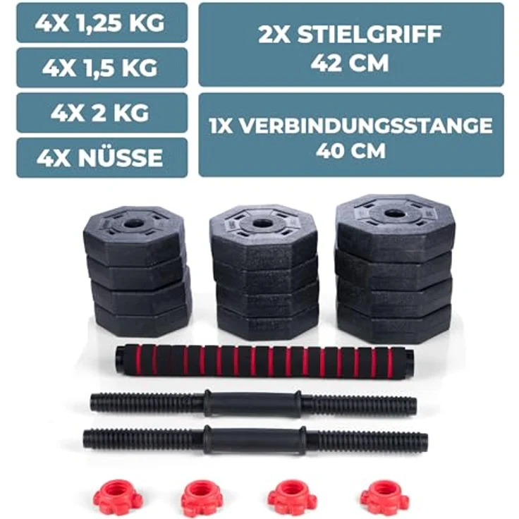 UMBRO Hanteln Set 19-Teilig - Verstellbare Kurz- und Langhanteln in Schwarz/Rot - Gewichte von 1.25 KG, 1.5KG und 2KG - Kunststoff – Bild 3