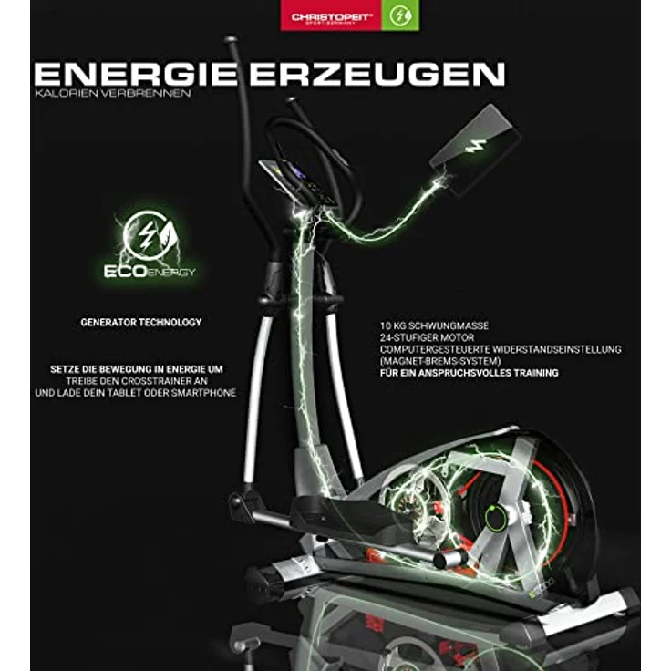 Christopeit Sport Crosstrainer-Ergometer Eco 2000 – Ellipsentrainer mit Eigenstrom-Generator, USB, Kinomap-App – Bild 2