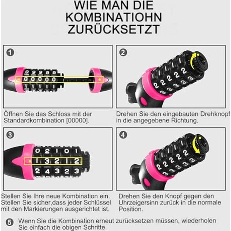 REHKITTZ Fahrradschloss 120cm/12mm Kabelschloss, sehr hohe Sicherheitsstufe mit 5-stelligem Zahlencode, inklusive Befestigungsbügel, rosa – Bild 4