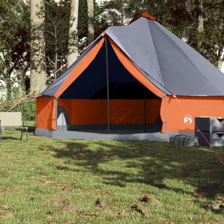 vidaXL Tipi Familienzelt 8 Personen, Campingzelt mit E-Anschluss und Netzwänden, Grau Orange, 185T Polyester – Bild 4