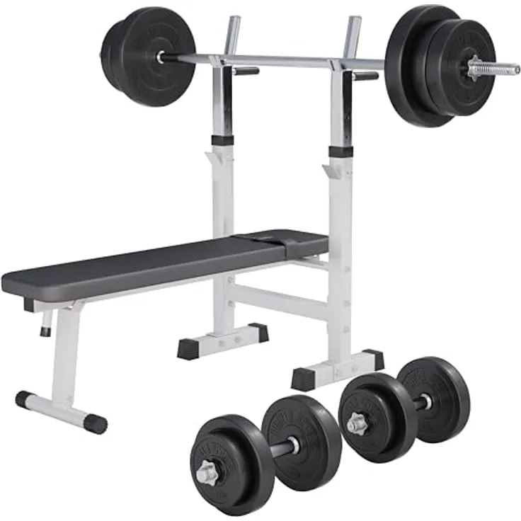 GORILLA SPORTS® Hantelbank - inkl. Hantelset 38/70/100kg, Ablage, Dip-Station, Höhenverstellbar, Klappbar, bis 200kg, Schwarz/Weiß - Trainingsbank mit Langhantelset, Drückerbank, Schrägbank, Flachbank