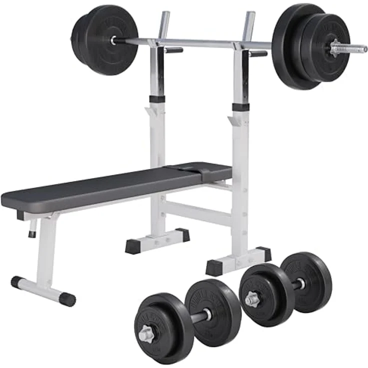 GORILLA SPORTS® Hantelbank - inkl. Hantelset 38/70/100kg, Ablage, Dip-Station, Höhenverstellbar, Klappbar, bis 200kg, Schwarz/Weiß - Trainingsbank mit Langhantelset, Drückerbank, Schrägbank, Flachbank – Bild 1