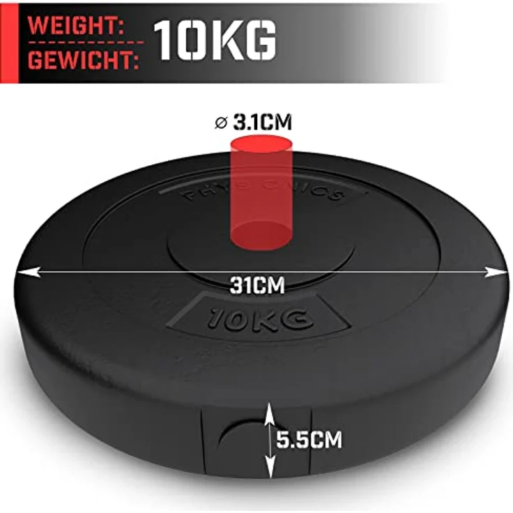 Physionics® Hantelscheiben - 2 x 2,5/5/10/15 kg, Ø 31 mm, Kunststoff, Schwarz - Gewichtsscheiben Set Gewichte für Hantel/Langhatel/Kurzhantel (2 x 10 kg) – Bild 3