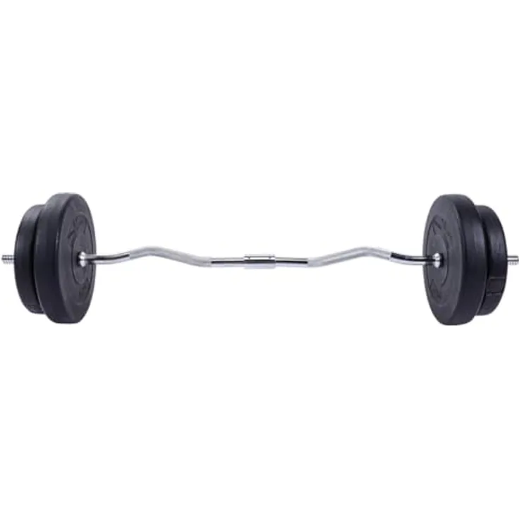 GYRONETICS® Hantelset - 30 kg, SZ-Stange 120cm, Verchromt, Rutschfest und Gerändelt, 25mm, 2x5kg, 2x7,5kg, Kunststoff Hantelscheiben, mit 2 Sternverschlüssen - SZ-Curl Set, Langhantel Set, Curlstange