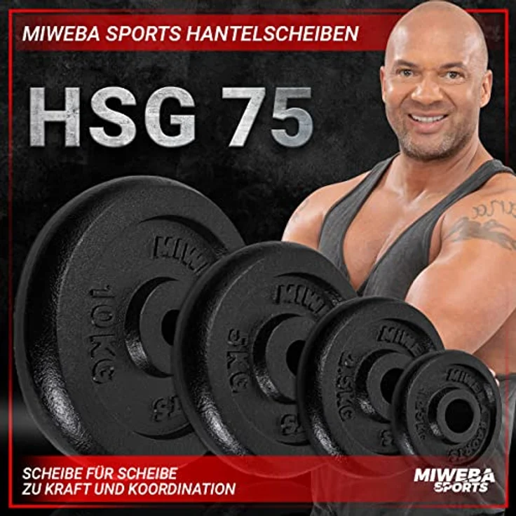 Miweba Sports Hantelscheiben Set HSG75 | 𝐏𝐫𝐨𝐟𝐢 Hanteln - Hantelscheibe - Hantel Scheiben - Gusseisen Gewichte - Ø 30/31 mm - Hantelset - Gewichtsscheiben - Hantelgewicht - Plates (4X 5.0 Kg) – Bild 2