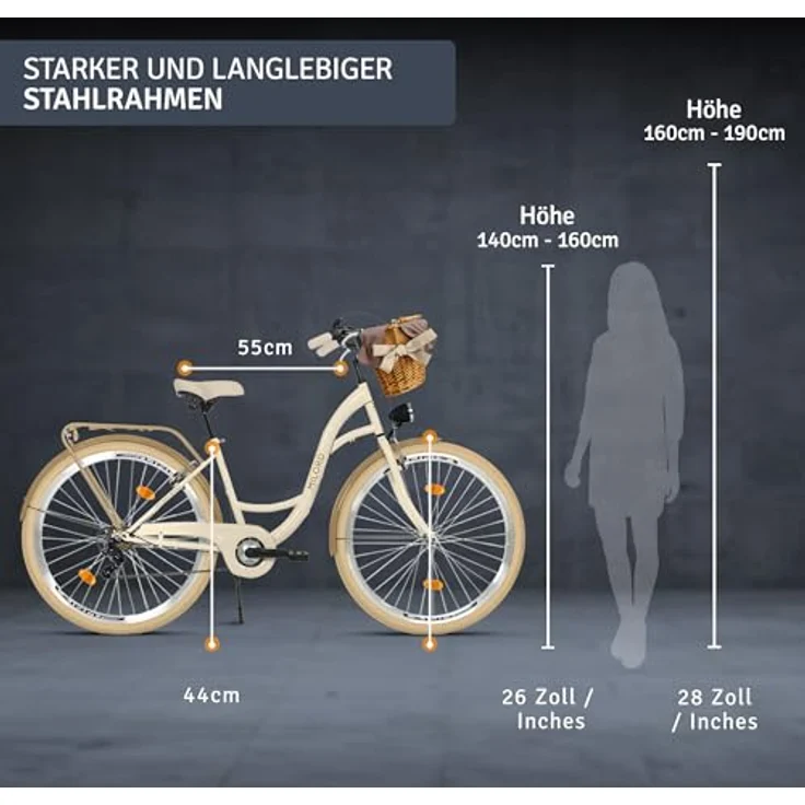 Milordbikes City-Fahrrad, Creme, 46 cm, Metallrahmen, leichtgängige 700C Reifen, inkl. Trägersystem – Bild 3