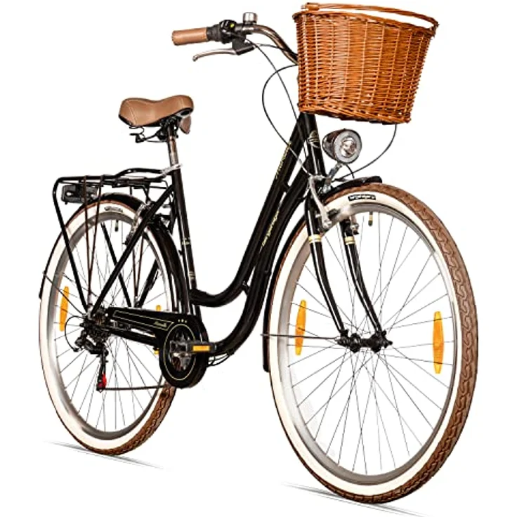 Bergsteiger Marseille 28 Zoll Damenfahrrad in Retro-Design, 6 Gang Shimano Tourney Schaltung, Rattan-Korb, Fahrrad-Licht, Damen-Citybike (Rot) – Bild 1