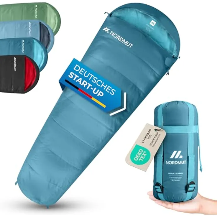 NORDMUT® Schlafsack Ultraleicht, Mumienschlafsack 100 GSM Sommer und 300 GSM 4-Jahreszeiten, wasserfest, 900g, mit Kompressionsbeutel, Graublau
