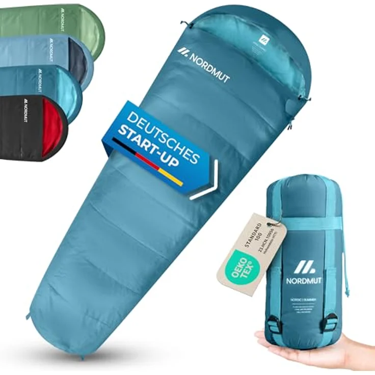 NORDMUT® Schlafsack Ultraleicht, Mumienschlafsack 100 GSM Sommer und 300 GSM 4-Jahreszeiten, wasserfest, 900g, mit Kompressionsbeutel, Graublau – Bild 1