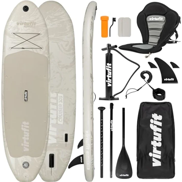 VirtuFit Supboard Cruiser 305, aufblasbares Stand Up Paddle Board in Sandbeige mit Kajak-Sitz, 180 kg Tragfähigkeit, inkl. Paddel und Zubehör – Bild 1