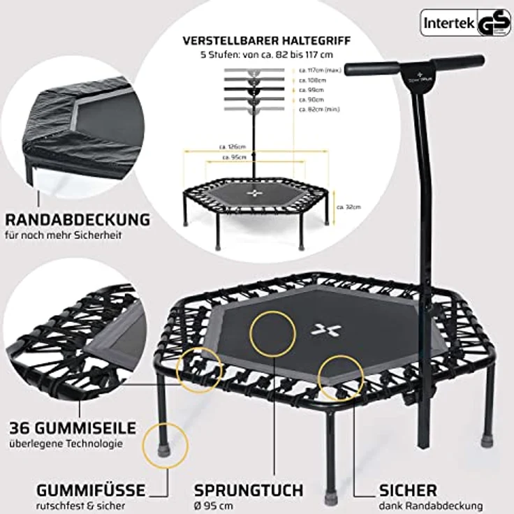 SportPlus| Newest Edition | Fitness Trampolin für zuhause, mit Haltestange (5-Fach höhenverstellbar), weiche Gummiseilfederung, sehr leise & bis 130 kg belastbar, anthrazit – Bild 5