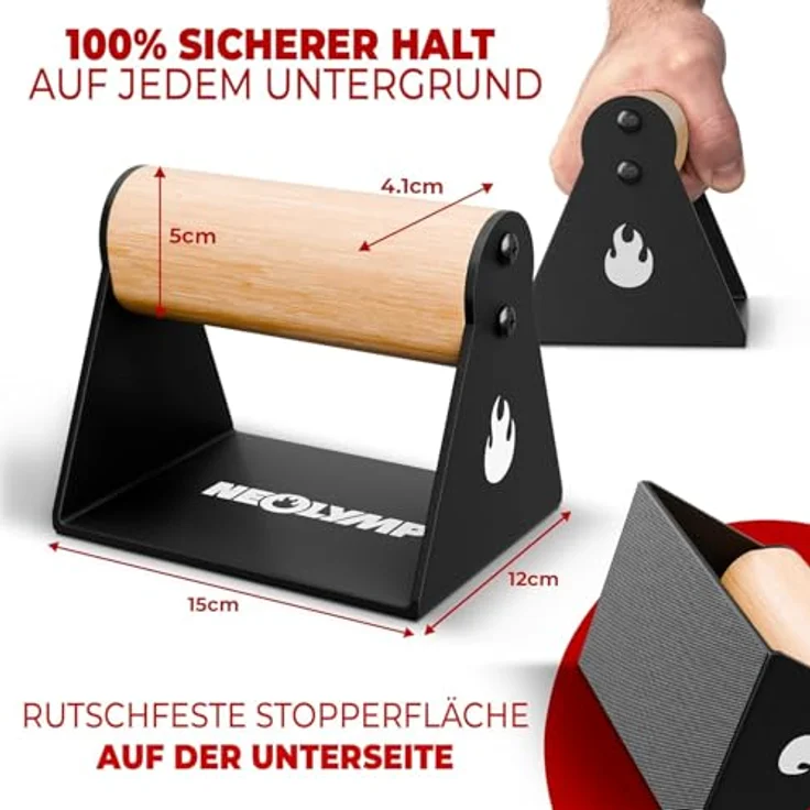 NEOLYMP 2er Set Holz Liegestützgriffe, handgefertigte Parallettes mit Stahlstandfüßen und Anti-Rutsch-Pads, handgelenkschonend für Calisthenics und Home Workout – Bild 3