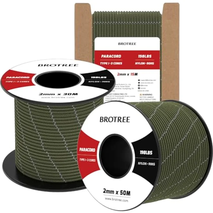 BROTREE Paracord 2mm 30M, 100% Nylon Seil mit 3 Kern Schnur für Outdoor, Bruchlast 90kg, reflektierende Armee Grün