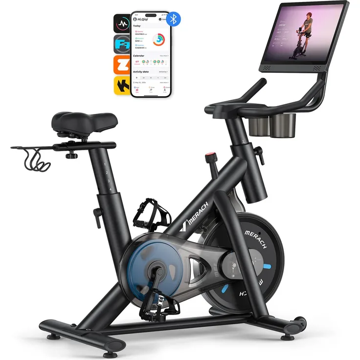 Merach Heimtrainer Fahrrad, leises Fitnessbike mit 15,6 Zoll HD-Screen, magnetischer Widerstand, 8 Widerstandsstufen, bis 136 KG belastbar