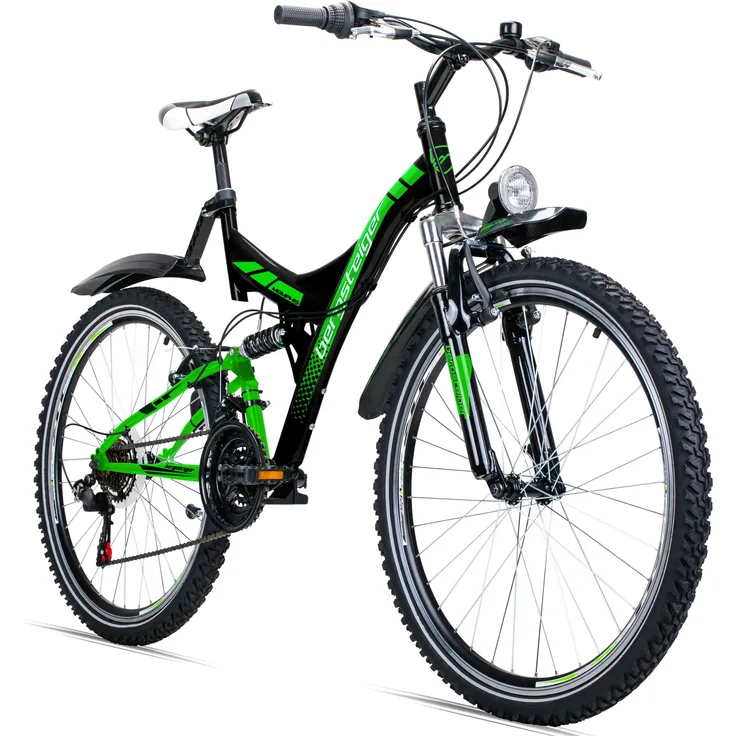 Bergsteiger Memphis 26 Zoll Mountainbike, geeignet ab 150 cm, Dynamo-Licht, Shimano 21 Gang-Schaltung, Vollfederung, Jungen-Fahrrad & Herren-Fahrrad, schwarz