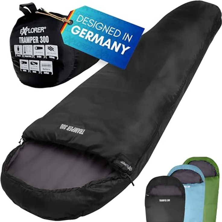 EXPLORER Tramper 300 Mumienschlafsack Schwarz, 3-4 Jahreszeiten, Komfort-Temperatur +13°C, leicht, 1500g, kompakt 22x33cm, 230x80x55cm für Camping und Trekking