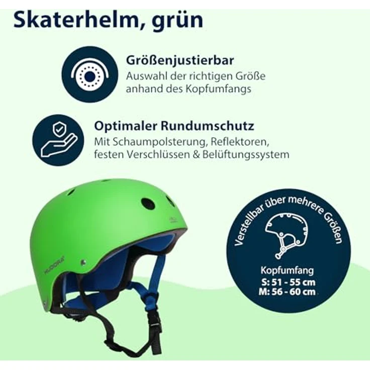 HUDORA Skaterhelm, Skateboard-Helm für Kinder, Jugendliche und Erwachsene, robust und sicher, hochwertige Belüftung, grün, Gr. 51-55 – Bild 3