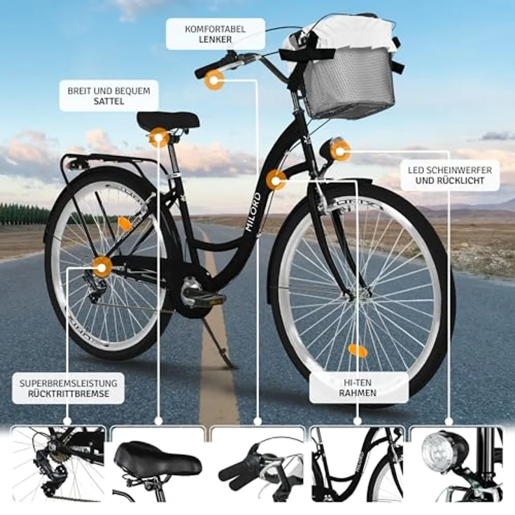 Milordbikes City-Fahrrad, Schwarz, 46 cm, Metallrahmen, leicht rollende 700C x 35 mm City-Reifen, inkl. hinterer Trägersystem – Bild 2