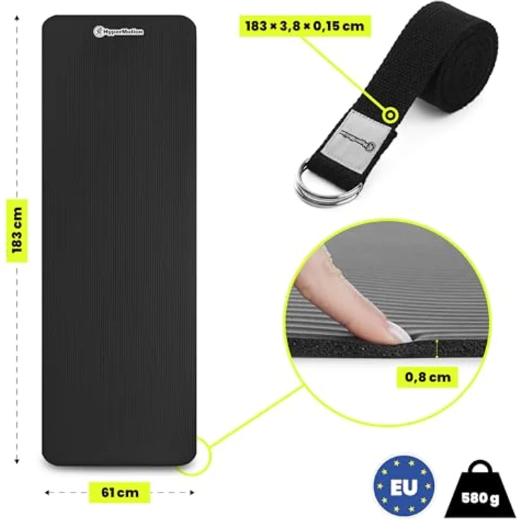 HyperMotion Yogamatte HYP58 YOGA MAT 0.8B, NBR-Schaumstoff, 183x61x0,8 cm, Schwarz, mit Tragegurt – Bild 4