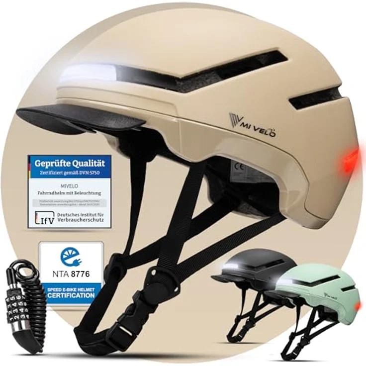 MIVELO NOVA Fahrradhelm Unisex mit Licht, NTA zertifiziert bis 45 km/h, ultraleicht, beige, M (54-58 cm), inkl. Helmschloss und abnehmbarem Visier – Bild 1