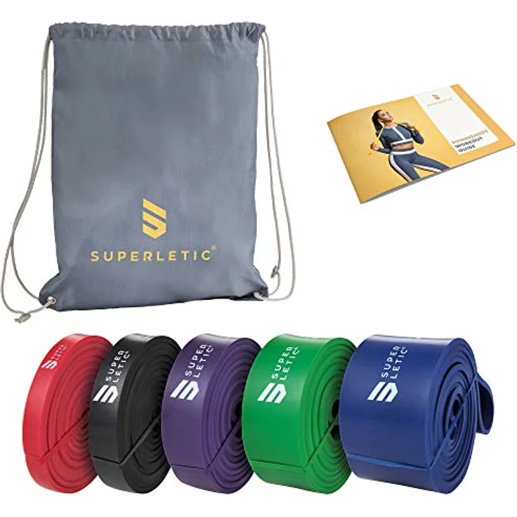 SUPERLETIC Powerbands, Widerstands-Fitness-Bänder für Pullup und Resistance-Training, 5 Stärken in rot, schwarz, lila, grün und blau, inkl. Workout-Guide, 5er Set – Bild 1