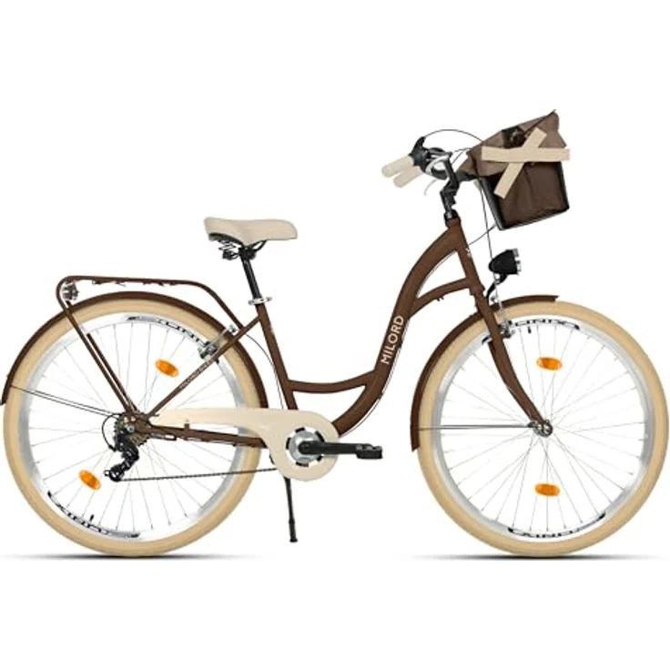 MILORD Citybike Damenfahrrad, 28 Zoll mit 7-Gang Schaltung, Metallkorb, braun mit cremefarbigen Reifen, Vintage Design – Bild 2