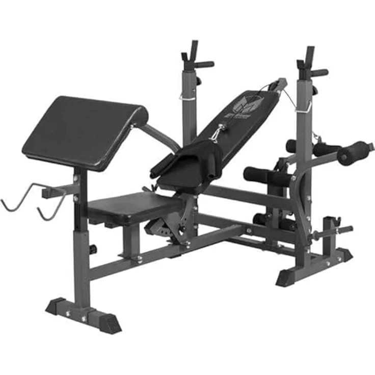 GYRONETICS® Multifunktion Hantelbank - mit Langhantel-Ablage, Curlpult und Butterfly, Dip-Station, Beincurler, Verstellbar, 165x139x128 cm, Stahl - Trainingsbank, Kraftstation, Bankdrücken, Schrägbank, Schwarz – Bild 1