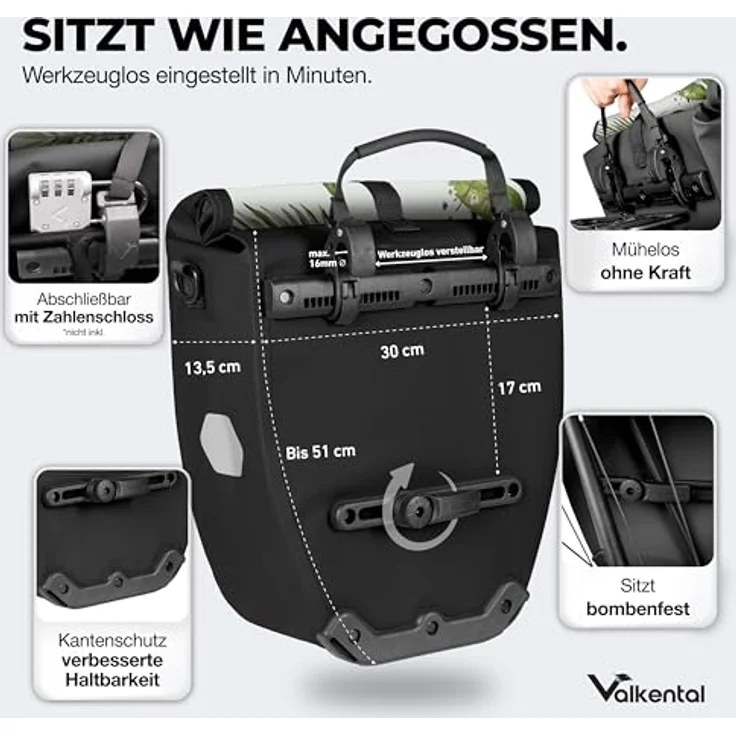 Valkental Gepäckträgertasche, wasserdicht, 20L Füllvolumen, mit Reflektoren, für Fahrräder – Bild 2