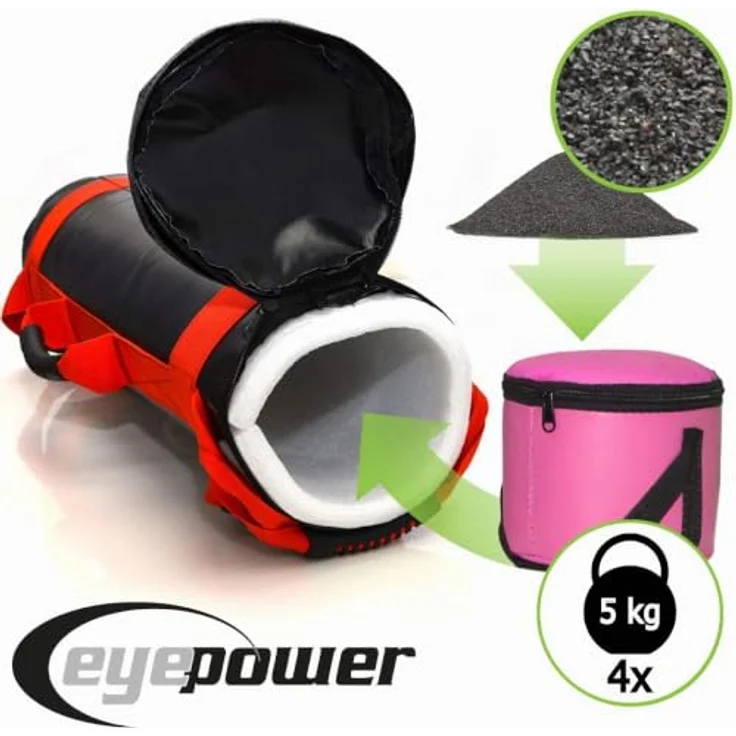 EYEPOWER 20kg Power Bag mit 4 Kettlebell Gewichten, Fitness Sandbag für Zuhause, 6 Griffe, wasserdicht, 20x60cm, Bauch- und Rückentrainer – Bild 3