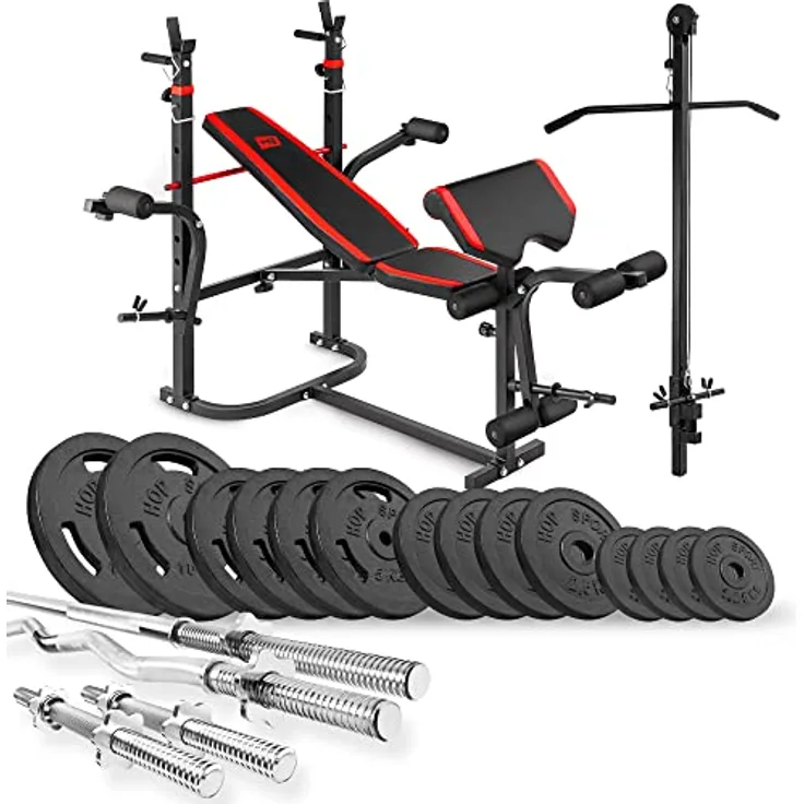 HS HOP-SPORT Hantelbank Kraftstation 1065 mit Gusseisen Gewichten 39kg bis 116kg (76kg)