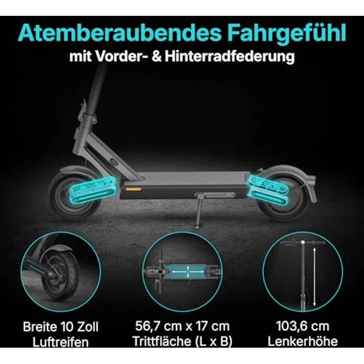 Odys Ultron i75 E-Scooter, 75 km Reichweite, 500W Motor, Dual-Vollfederung, klappbar, deutscher Straßenzulassung, 10" Luftreifen, max. 120 kg Belastung, Display & App – Bild 3