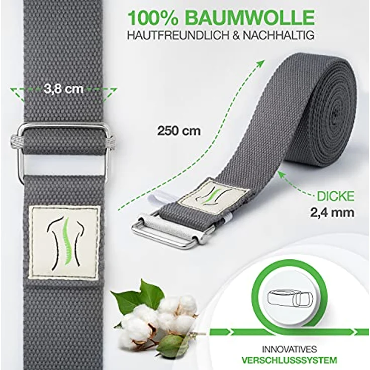 BACKLAxx® Yoga Gurt Baumwolle (grau) – Nachhaltiges Yoga Zubehör Set, Yogagurt 250 cm lang mit praktischem Verschluss aus Metall – Yoga Set ideal für Yoga, Pilates und Dehnen inkl. Anwendungsvideos – Bild 3