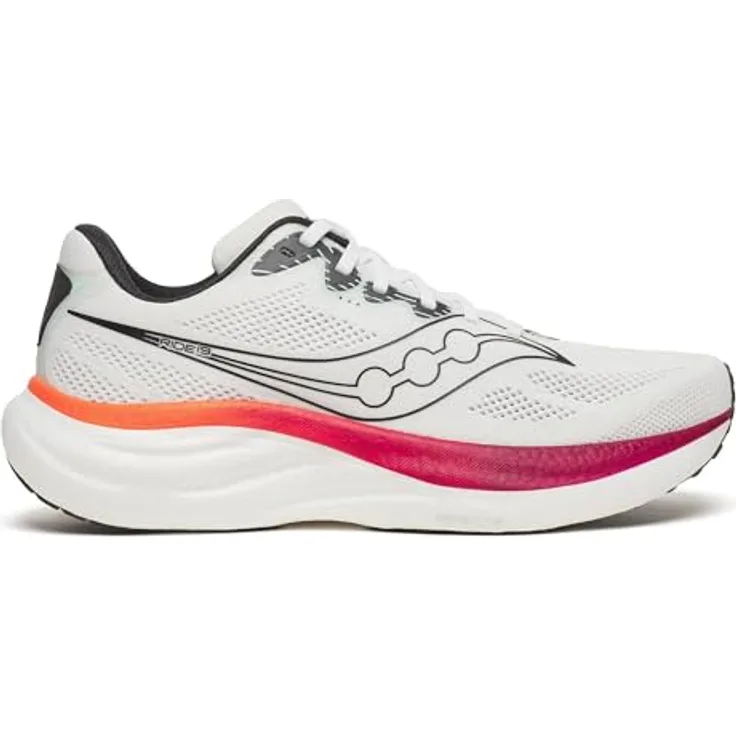 Saucony RIDE 19 Herren Laufschuhe, WHITE/CRIMSON, für Normalpronierer, atmungsaktives Mesh, PWRRUN+ Zwischensohle, 8 mm Sprengung