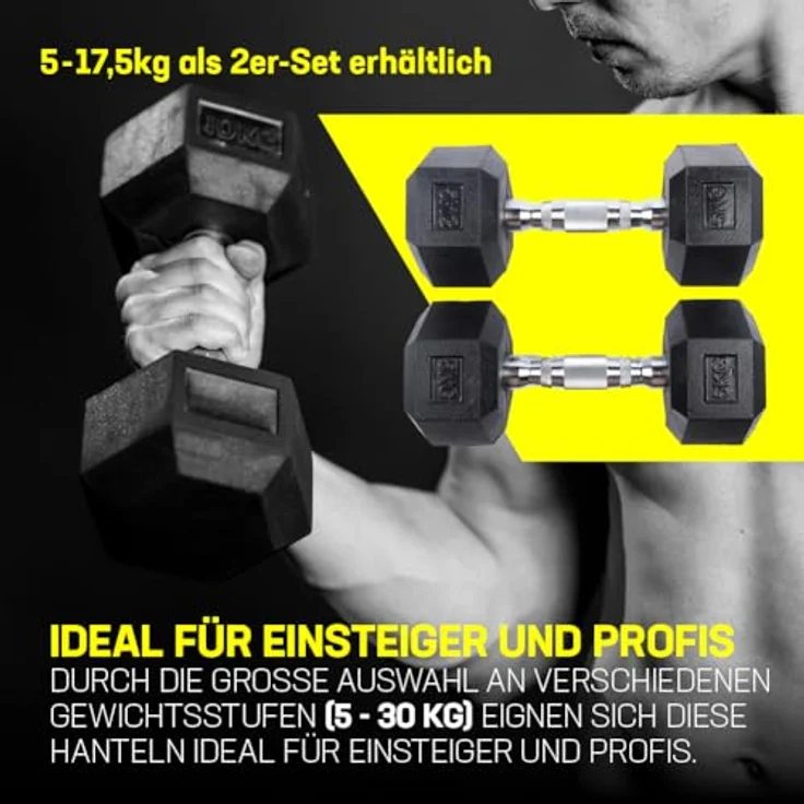 SPORTINATOR Hexagon Hanteln, 2er-Set (7,5 kg) aus Gusseisen mit Gummi-Beschichtung, rutschfester Griff, bodenschonend, ideal für Krafttraining & Fitness – Bild 3