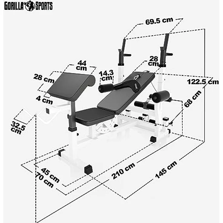 GORILLA SPORTS® Hantelbank mit Gewichten- inkl. 108 kg Hantelset, Verstellbar, mit Langhantel-Ablage, Curlpult und Butterfly, Dip-Station, Beinstrecker - Multifunktion Trainingsbank, Kraftstation, Schwarz – Bild 5