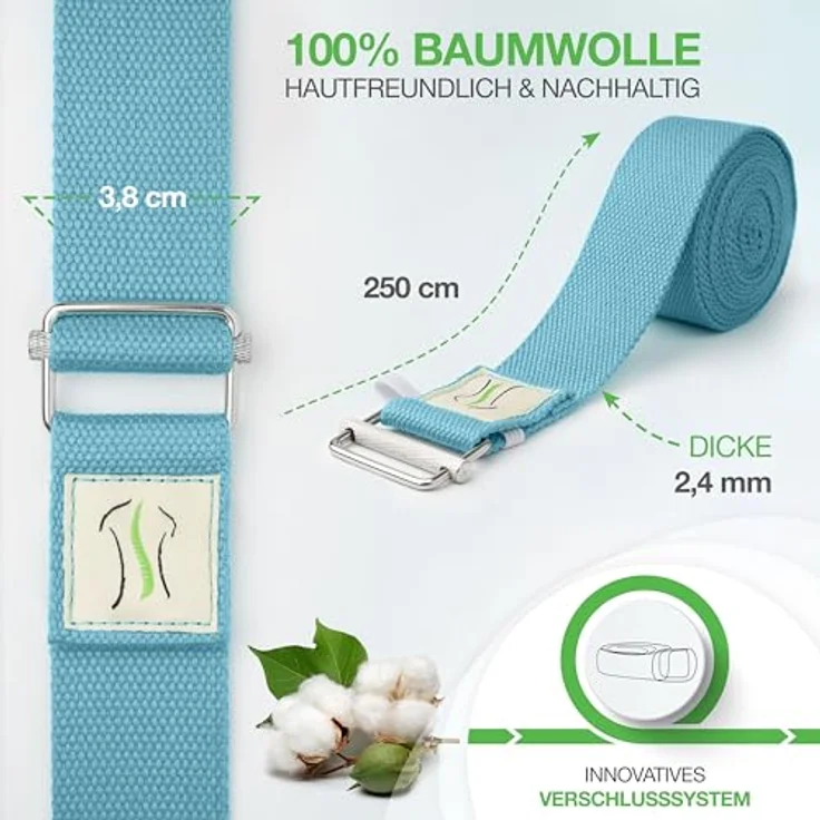 BACKLAxx® Yoga Gurt Baumwolle (hellblau) – Nachhaltiges Yoga Zubehör Set, Yogagurt 250 cm lang mit praktischem Verschluss aus Metall, Yoga Set ideal für Yoga, Pilates und Dehnen inkl. Anwendungsvideos – Bild 3