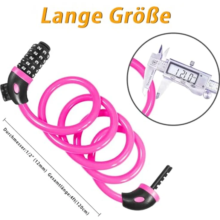 REHKITTZ Fahrradschloss 120cm/12mm Kabelschloss, sehr hohe Sicherheitsstufe mit 5-stelligem Zahlencode, inklusive Befestigungsbügel, rosa – Bild 3