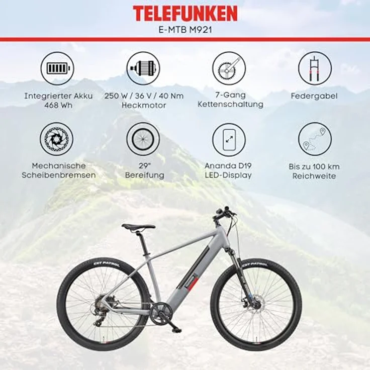 TELEFUNKEN MTB E-Bike Herren 29 Zoll, Elektrofahrrad Hinterradmotor, 7-Gang Shimano Kettenschaltung, Scheibenbremsen - Pedelec Mountainbike, M921, schwarz – Bild 5