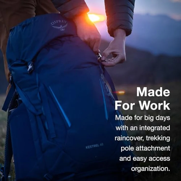Osprey Kestrel 38 Wanderrucksack, langlebig mit integrierter Regenhülle und AirScape Rückenplatte, Atlas Blue L/XL – Bild 5