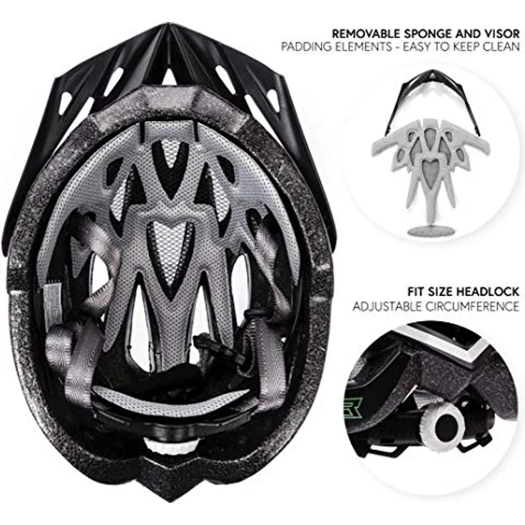 Meteor GRUVER Fahrradhelm M, Schwarz-Grün, verstellbar 55-58 cm, Air Flow System, abnehmbares Visier, antibakterielles Innenfutter – Bild 3