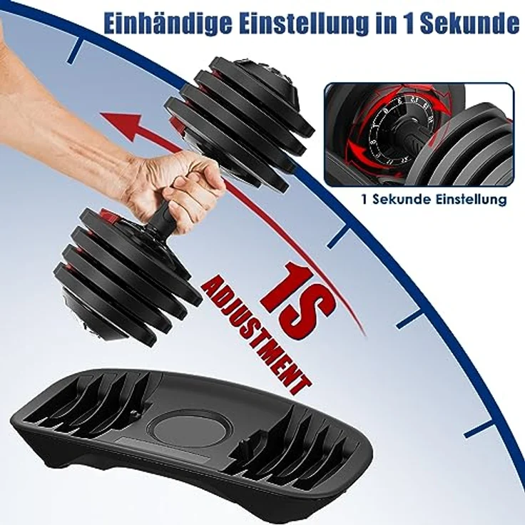 DH FitLife 2 x 18kg verstellbare Hanteln 1,5 bis 18 KG mit 12 Gewichtsstufen, Kurzhanteln mit Hantelscheiben, 2er Set, ergonomischer Anti-Rutsch-Handgriff, verriegelbares Ablagegestell, wasserdicht beschichtete Gewichtsscheiben, Hamburgischer Vertreiber – Bild 3
