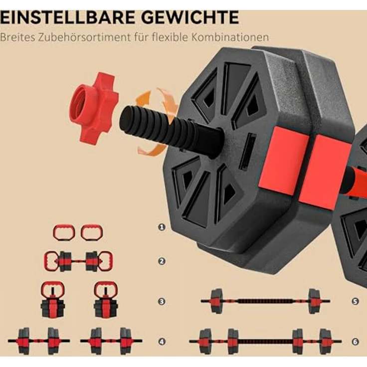 SPORTNOW 6-in-1 Hantelset, verstellbar bis 15 KG, Multifunktionsdesign mit Kurzhanteln und Langhantel, inklusive Verbindungsrohr und Sternverschlüssen für Krafttraining Zuhause – Bild 4