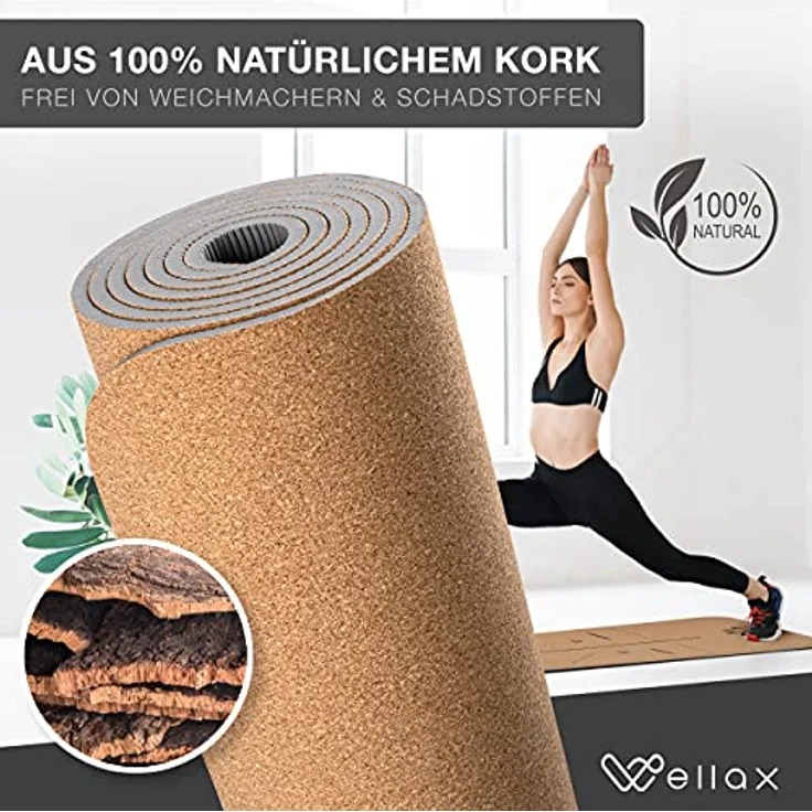 Wellax Yogamatte Kork - 100% natürliche Yogamatte rutschfest [185x66x0,6 cm] - Besonders dick & schadstofffrei - inkl. Tasche – Bild 3