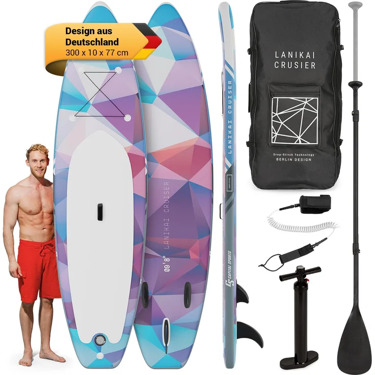 CAPITAL SPORTS Lanikai Cruiser 9.8, aufblasbares Paddelboard SUP-Board-Set 305x77x10, blau/rot, inklusive Teleskop-Paddel und Transport-Rucksack