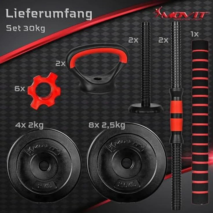 MOVIT 6in1 Hantelset 30 kg rot, Profi Hantel Set mit 2 Kurzhanteln, Kettlebell, Liegestützgriffen und verstellbaren Langhanteln – Bild 3