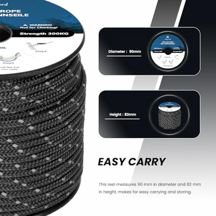 Abma Cord Zelt-Abspannseile mit 300 kg Bruchlast, 30 m reflektierende Schnur und 6 Seilspanner, Schwarz – Bild 4
