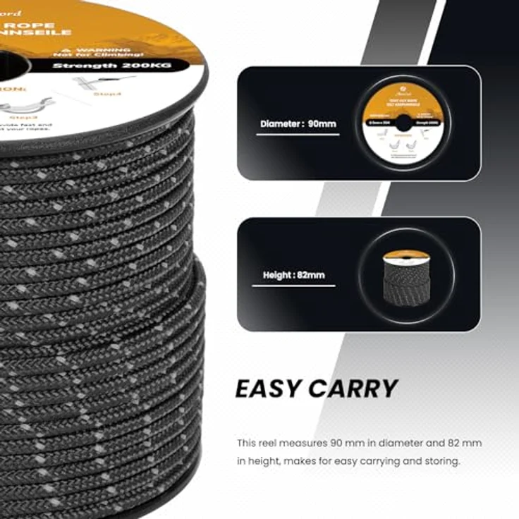 Abma Cord Zelt-Abspannseile, 50M reflektierende Schnur mit 200 kg Bruchlast und 10 Spanner, Schwarz – Bild 4