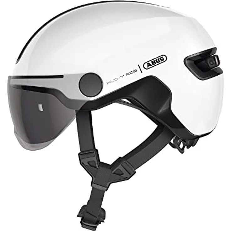ABUS Stadthelm HUD-Y ACE, stylischer Fahrradhelm mit Visier und magnetischem, aufladbarem LED-Rücklicht, Weiß Glänzend, Größe M – Bild 4