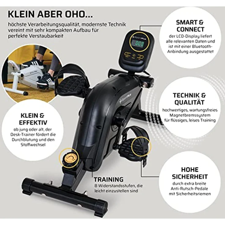 SportPlus Beintrainer für zuhause & Büro, Mini-Heimtrainer mit Magnet-Bremse & 8 Widerstands-Stufen, mit Trainingscomputer, extra breite Pedale, App kompatibel | Heimtrainer Fahrrad | Minibike – Bild 3