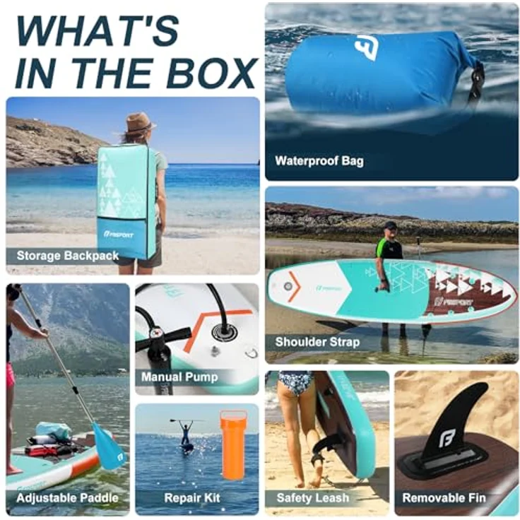 FBSPORT Aufblasbares SUP Board, Stand Up Paddling Board 15CM dick, mit verstellbarem Aluminium SUP Paddel und Pumpe, braun-teal – Bild 4